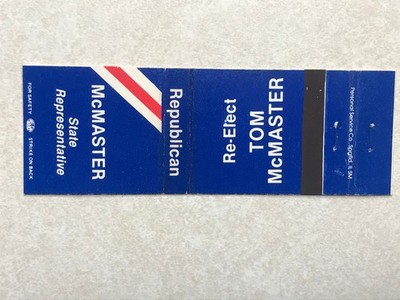 BB458 Matchbook Cover Re-Elect Tom McMaster, State Representative, Illinois IL