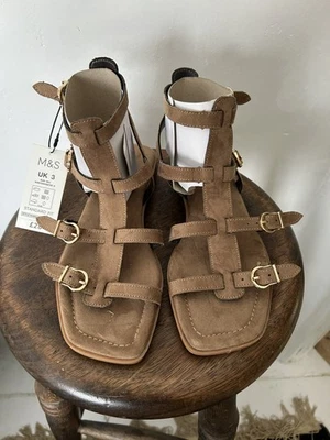M&S VEGAN Taupe Strappy Flat Gladiator Sandals Size 3 BNWT £28 Sold Out. - Image 1 of 4