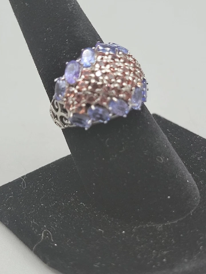 Anillo de plata de ley con zafiro rosa tanzanita azul talla 8 banda ancha abovedada 925 Foto 2 de 4