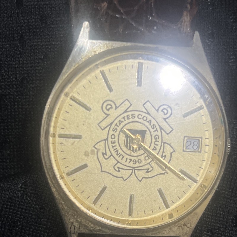 United States Coast Guard Emblem Analog Watch w/ Date Window Brown Leather Strap
