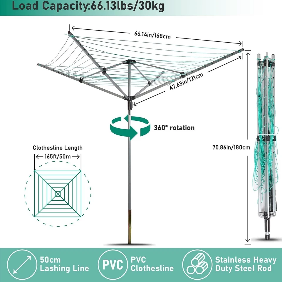 Outdoor rotary umbrella drying rack, adjustable height, 12 lines, heavy-duty. - Image 4 of 4