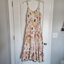 Ranees Tropical Floral Tiered Strap Pom Pom Boho Maxi Dress Women L White India