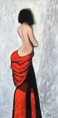 Red Dress Model Side Figurative Acrylic on Canvas Painting 24''x48''