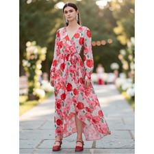 NWT Size Medium Floral Red and Pink  Wrap Maxi Dress with Tie Waist
