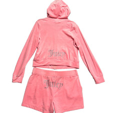 Juicy Couture Bling Velour Tracksuit Hoodie and Shorts LARGE Flamingo Pink NEW