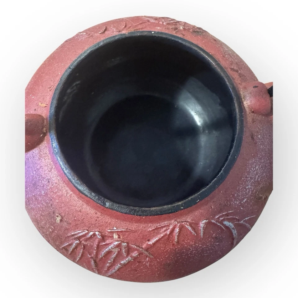 Vintage Japanese Cast Iron Teapot Red Bamboo Design Enamel Interior, 2.5l - Image 4 of 4