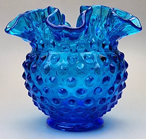 Vintage Fenton Colonial Blue Glass Hobnail Rose Bowl/Vase Ruffled Top - MARKED