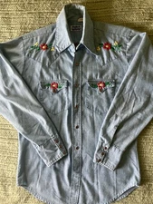 Vintage Big Smith Pearl Snap Shirt Embroidered Size 15.5" x 33" Union Made
