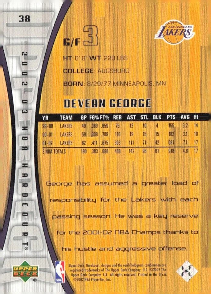 2002-03 Upper Deck Hardcourt #38 Devean George - Image 2 of 2