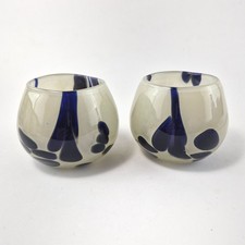 2 HandBlown Art Glass Votive Candle Holder Set Blue Glitter White Spot Pattern