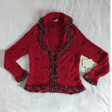 VTG Deadstock Handloomed Fringe Trim Cardigan Sweater Womens M Made in the USA