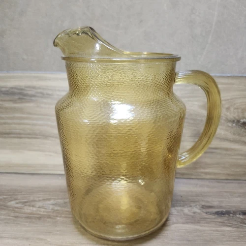Mid Century MCM VINTAGE Anchor Hocking Amber Gold Ribbed Glass Water Pitcher