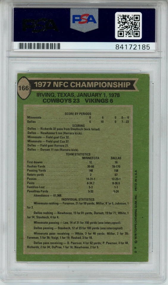 Roger Staubach Signed 1978 Topps #166 NFC Championship Card PSA Slab 43559 - Image 2 of 2