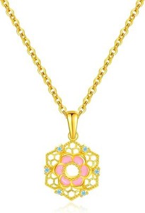 Authentic Necklace 18K Gold Plated Lotus Flower Necklace Pendant Pink