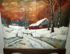 Exceptional American FOLK ART PAINTING - PENNSYLVANIA SNOWSCAPE FARM AT SUNSET