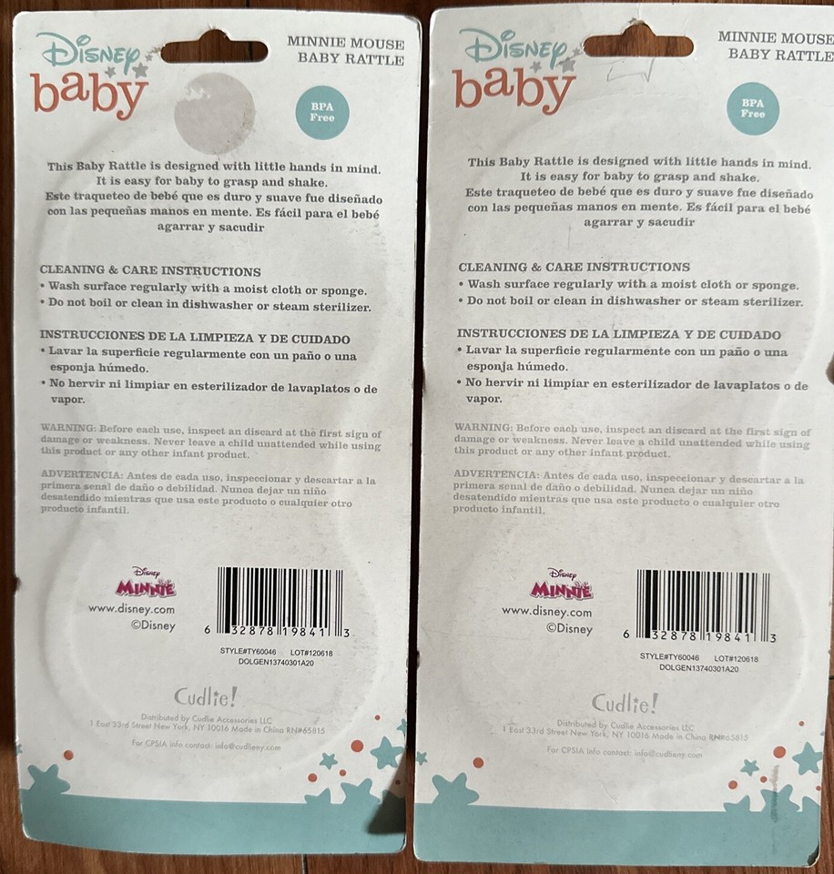 💝NIP 2 New Disney Minnie Mouse BPA FREE Baby Rattle Pink White Babies