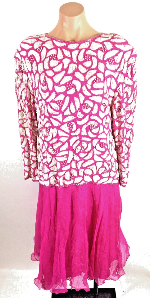 Vestido de Noche Barbie Pinky Creations Rosa Caliente Blanco Lentejuelas Pesadas Cuentas De Colección Foto 3 de 4