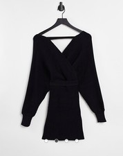 OFF SHOULDER WRAP BELTED RIBBED KNIT DRESS