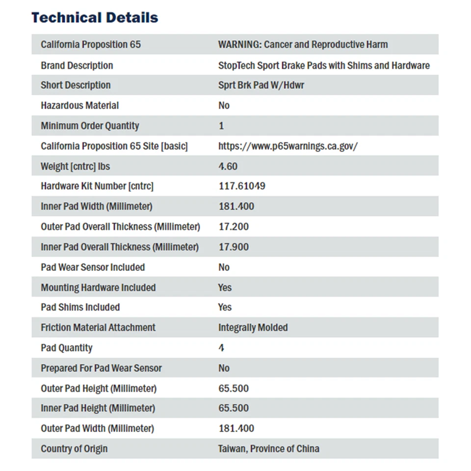 StopTech Front Sport Brake Pad Set w/Shim for Ford Escape, Focus & Lincoln MKC - Image 4 of 4