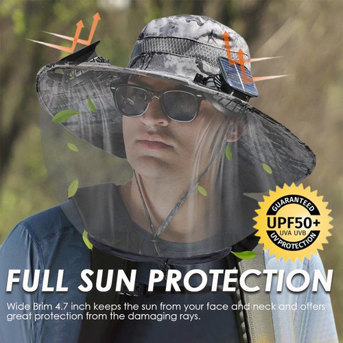 Unisex Wide Brim Solar Fan Hat with Anti-Mosquito Insect Head Net Fishing Hiking - Picture 4 of 11