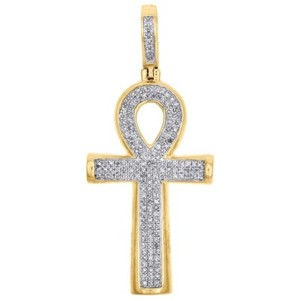 Authentic 0.40 Ctw Simulated Diamond 14K Yellow Gold Plated Ankh Cross Pendant 1.6"