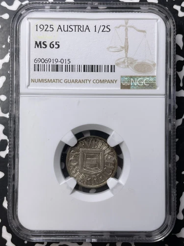 1925 Austria 1/2 Schilling NGC MS65 Lot#G8794 Silver! Gem BU!