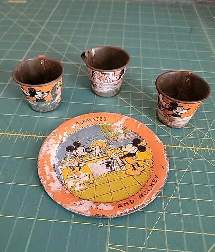 Vintage Ohio Art Children's Tin Tea Set Mickey's Helpmate Mickey Mouse Cup Plate