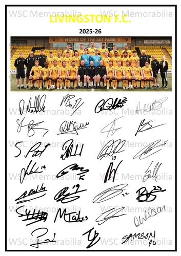 11949. 2025-26 Livingston FC Signed Team Photo Sheet (PRINTED AUTOGRAPHS - A4)