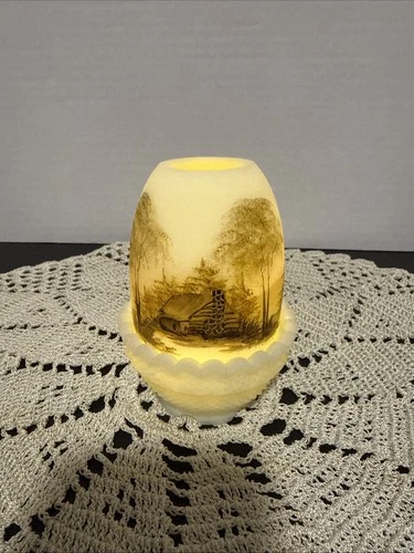 UV REACTIVE Fenton PAINTED/SIGNED Custard Glass Log Cabin Scene Fairy Lamp 4.5"