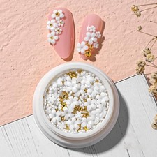 3D White Flower Nail Art Charms &ndash; Gold Steel Beads & Resin Floral White, Gold
