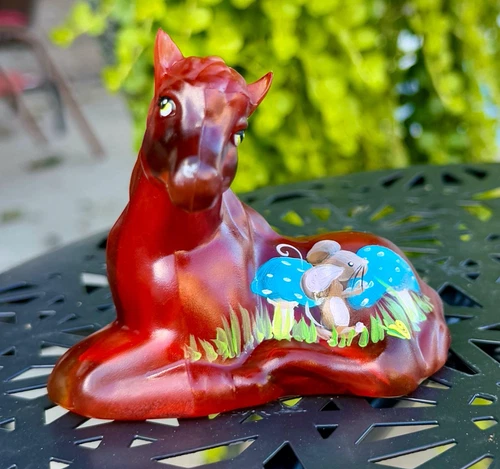 ORANGE SLICE  Fenton**CADMIUM GLOW HP "MUSHROOM MOUSE" FOAL FIGURINE**EXC #21/21