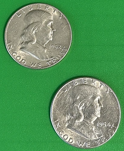 ❤️ Franklin Half Dollars Lot of 2, 1952-P, 1954-P, AU to UNC