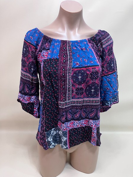 Crossroads Size 8 Boho Patchwork Blouse Off Shoulder Festival Casual Peasant
