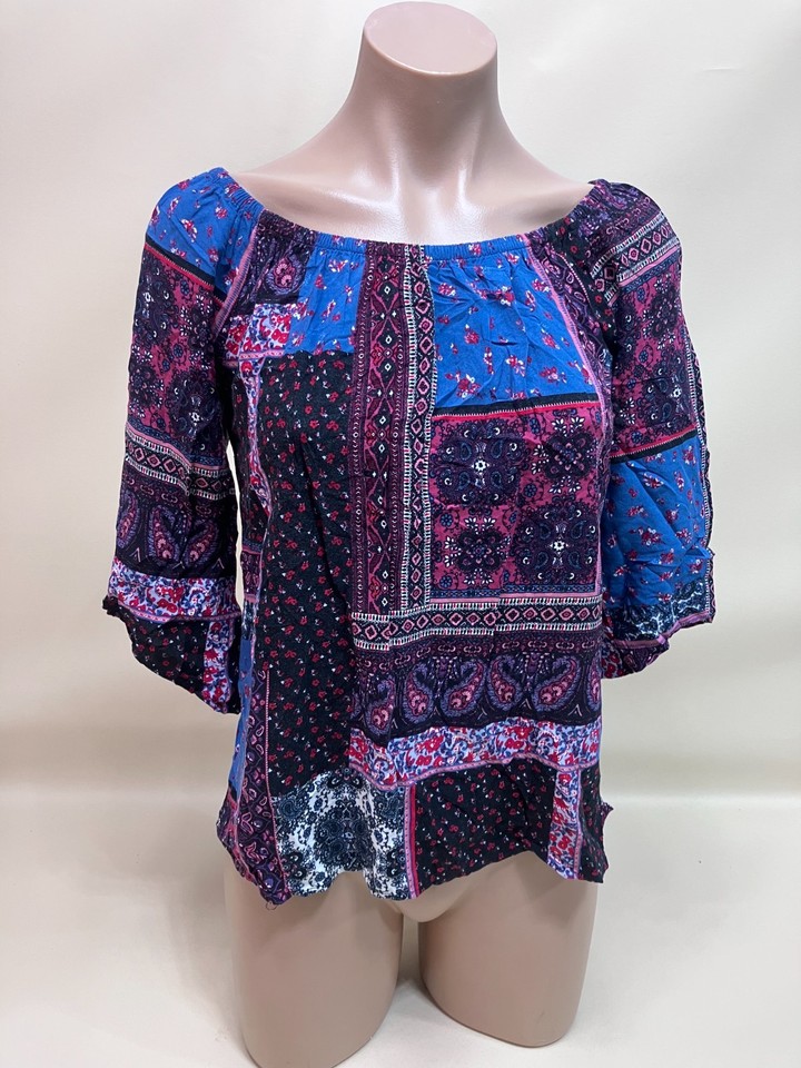 Crossroads Size 8 Boho Patchwork Blouse Off Shoulder Festival Casual Peasant