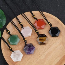 10pcs Mixed Natural Stone Hexagon Pendant Chakra Reiki Healing Amulet Necklace