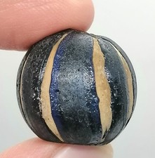 Antique Blue Black Glass Bead Yellow Stripe Ribbed Trade Collectible Roman