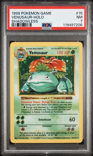 1999 POKEMON BASE SET SHADOWLESS #15 VENUSAUR-HOLO PSA 7