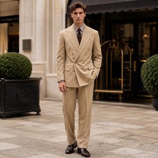 Mens Beige Double Breasted Suit 2 Piece Peak Lapel Wedding Blazer Pants Set