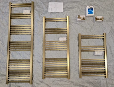 PITACS BRUSHED BRASS BATHROOM HEATED LADDER TOWEL WARMER RAIL STRAIGHT OR ANGLED VALVES