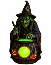 Halloween Witch Figurine Lighted Glowing Cauldron Freestanding 7.28 in New
