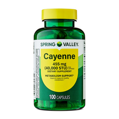 Spring Valley Cayenne Capsules 455 mg, 100 Ct Dietary Supplement for Metabolism