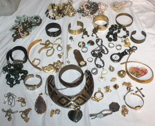 Lot VTG & Costume Jewelry Unsearched Unmarked Brass Bracelets Cuffs Cross Charms