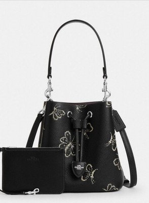 NWT Coach Rowan Bucket Bag With Butterfly Print In Black Canvas Leather