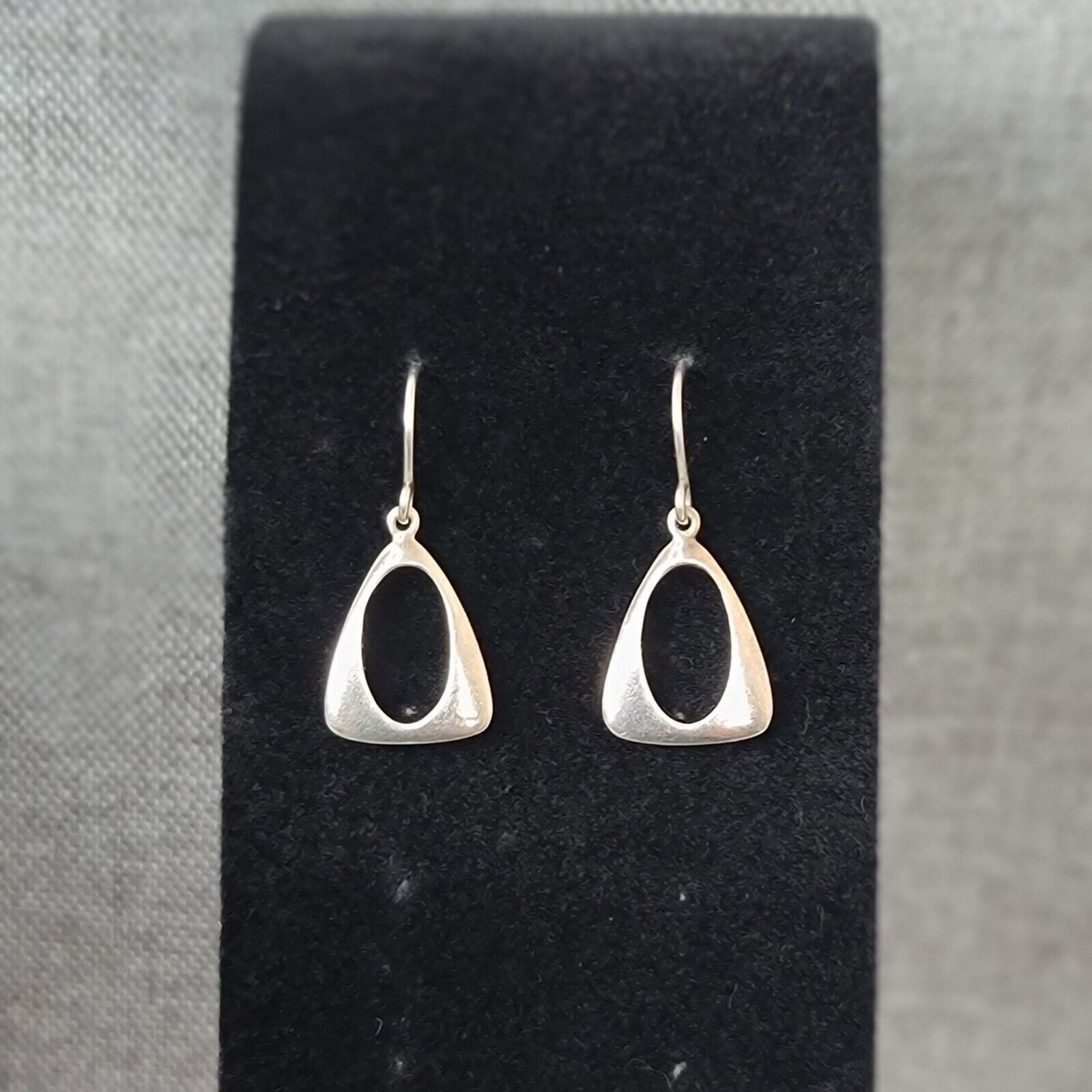 Dangle Silvertone Earrings Triangle Oval Center P… - image 1