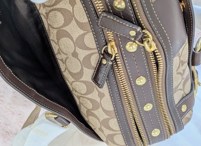 NWT Coach Signature Heritage XL Zip Satchel Boston Bag Khaki Dark