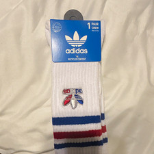 adidas Originals Trefoil Logo Crew Socks White/Blue/Red Striped Cotton 1pr L