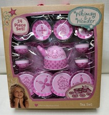Whimsy Wonder 14 Piece Pink Metal Child s Toy Tea Set with Floral Design