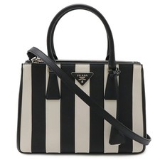 Prada Saffiano Leather Galleria Stripe Triangle Handbag Women Black One Size