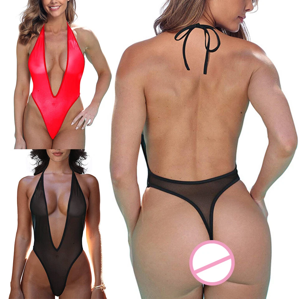 Sexy Damen transparenter durchsichtiger Body rückenfrei hoch geschnitten Tanga Bikini Badeanzug