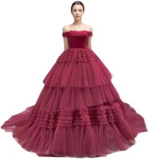 GREOENEL Amor Wedding Dresses ruched bodice Burgundy Tassel Card Shoulder Lace